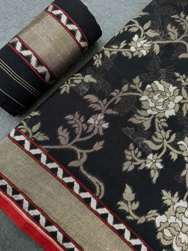 Pure Cotton Saree from Banaras | Black | Gold & Silver Zari | Kadwa Weave | Handwoven | Ships from California